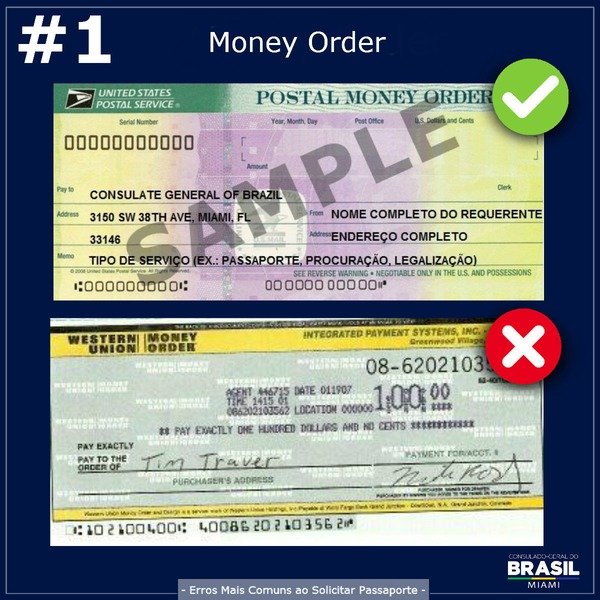 Verifique também a forma correta de preenchimento dos campos e utilize uma money order separada para cada passaporte solicitado.